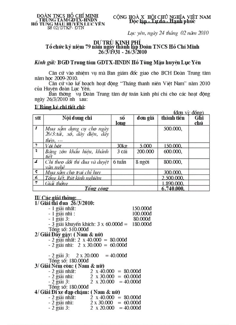 Event funding table